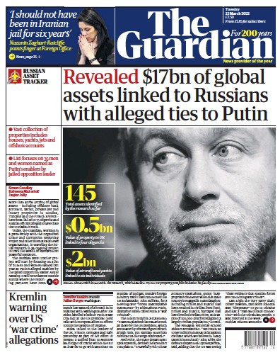 The Guardian (UK) Newspaper Front Page for 22 March 2022
