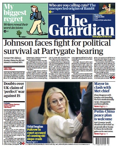 The Guardian (UK) Newspaper Front Page for 22 March 2023