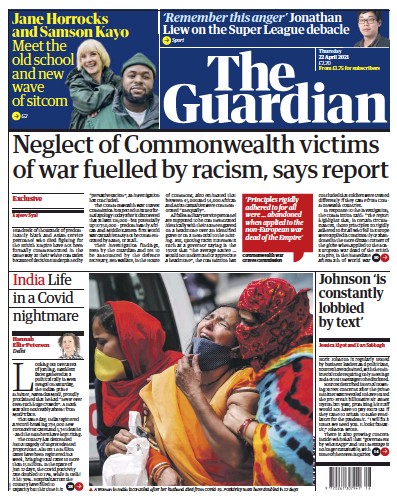 The Guardian (UK) Newspaper Front Page for 22 April 2021