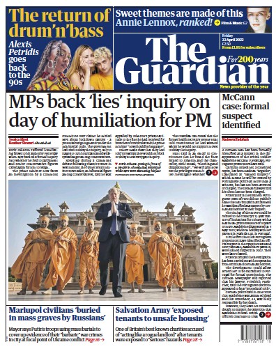 The Guardian Newspaper Front Page for 22 April 2022