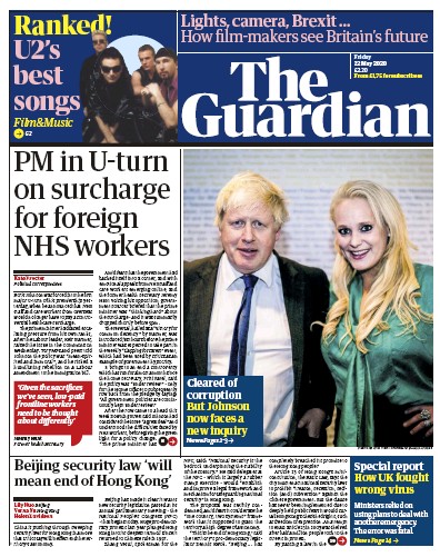 The Guardian (UK) Newspaper Front Page for 22 May 2020