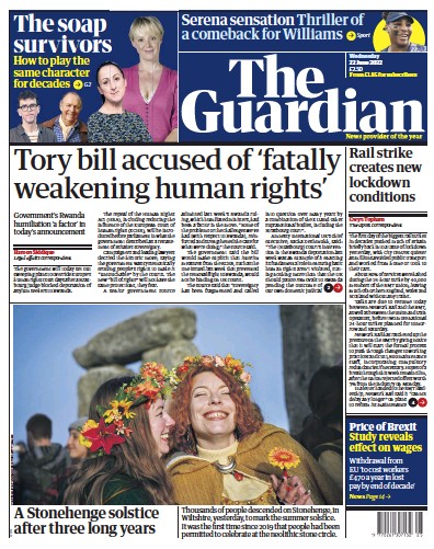The Guardian (UK) Newspaper Front Page for 22 June 2022