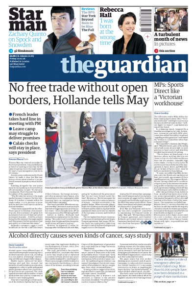 The Guardian Newspaper Front Page for 22 July 2016