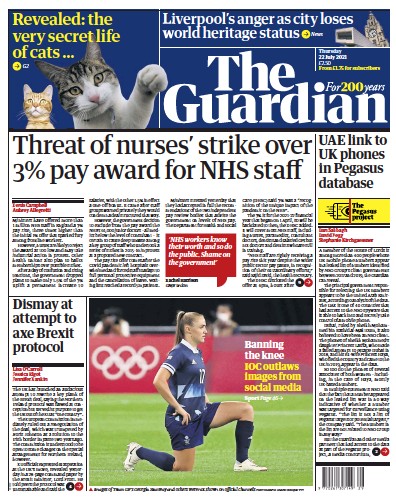The Guardian (UK) Newspaper Front Page for 22 July 2021