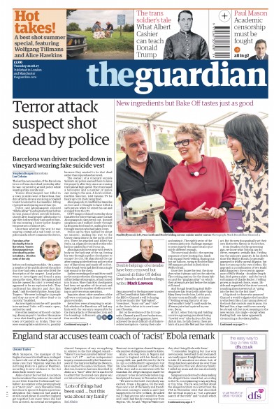 The Guardian Newspaper Front Page for 22 August 2017