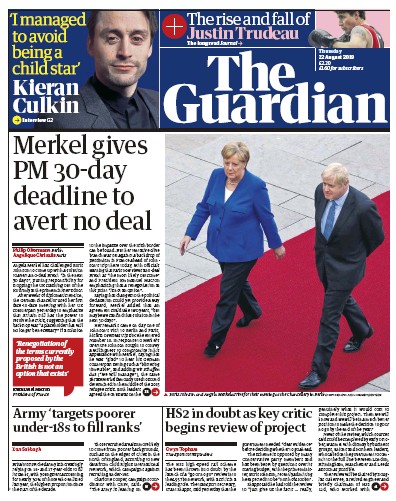 The Guardian Newspaper Front Page for 22 August 2019
