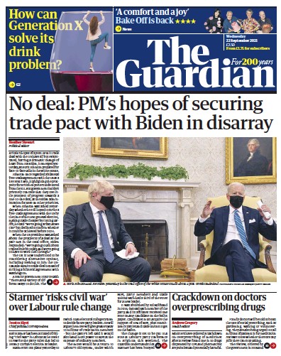 The Guardian (UK) Newspaper Front Page for 22 September 2021