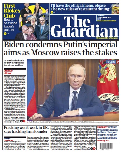 The Guardian (UK) Newspaper Front Page for 22 September 2022