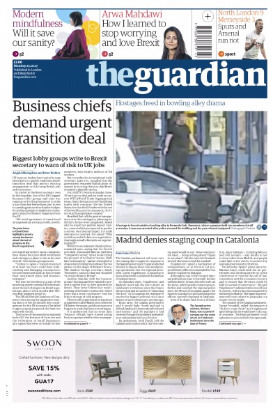 The Guardian Newspaper Front Page for 23 October 2017