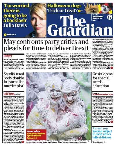 The Guardian (UK) Newspaper Front Page for 23 October 2018
