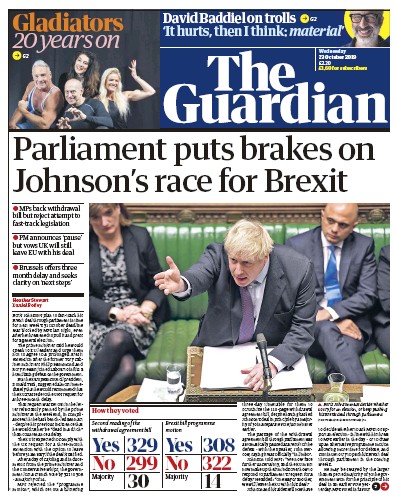 The Guardian Newspaper Front Page for 23 October 2019