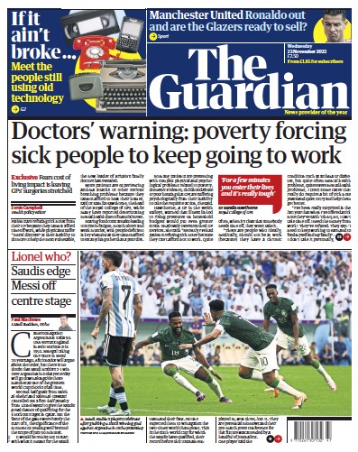 The Guardian (UK) Newspaper Front Page for 23 November 2022