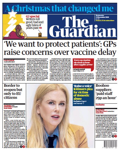 The Guardian Newspaper Front Page for 23 December 2020