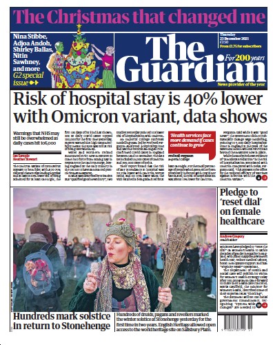 The Guardian (UK) Newspaper Front Page for 23 December 2021