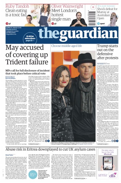 The Guardian Newspaper Front Page for 23 January 2017