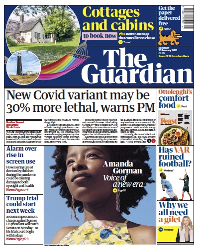 The Guardian Newspaper Front Page for 23 January 2021