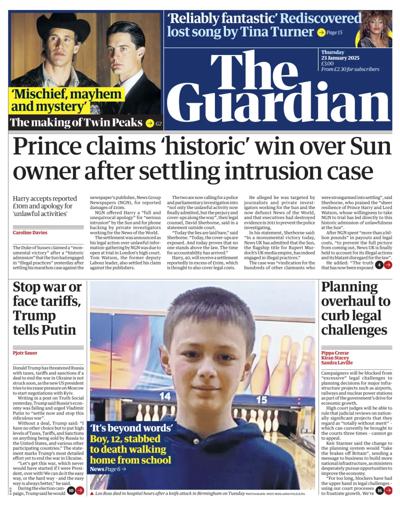 The Guardian (UK) Newspaper Front Page for 23 January 2025