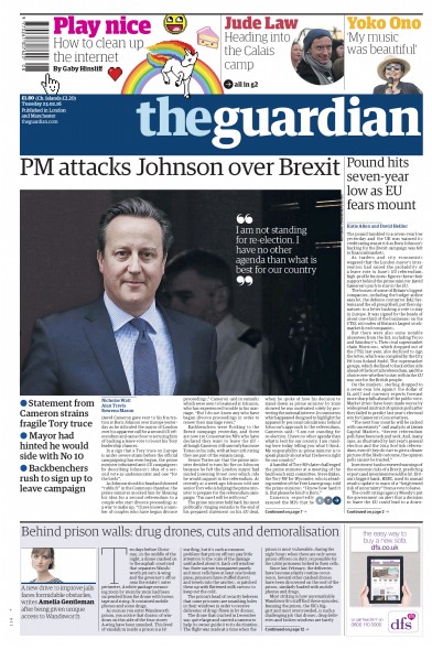 The Guardian Newspaper Front Page for 23 February 2016