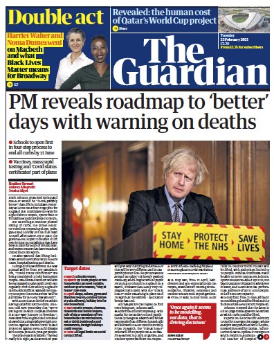 The Guardian Newspaper Front Page for 23 February 2021