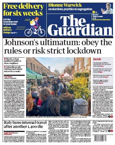 The Guardian Newspaper Front Page for 23 March 2020