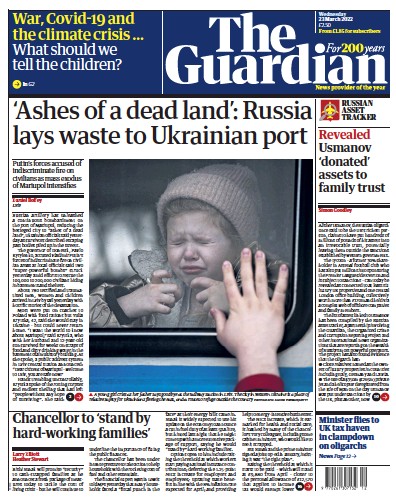 The Guardian (UK) Newspaper Front Page for 23 March 2022