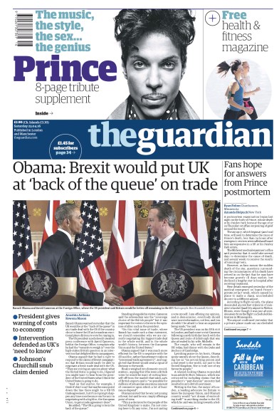 The Guardian Newspaper Front Page for 23 April 2016