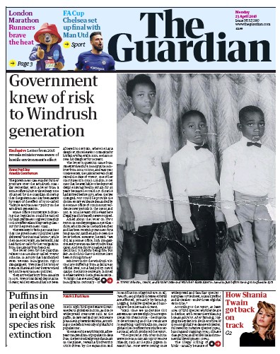 The Guardian (UK) Newspaper Front Page for 23 April 2018