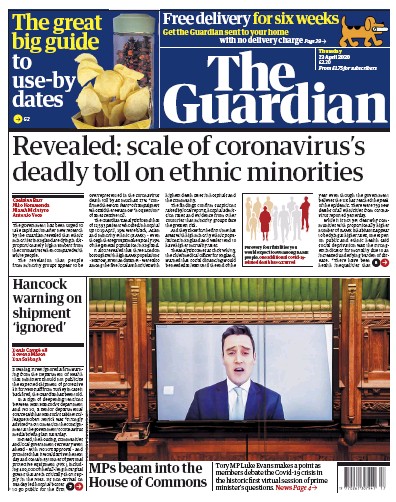 The Guardian (UK) Newspaper Front Page for 23 April 2020