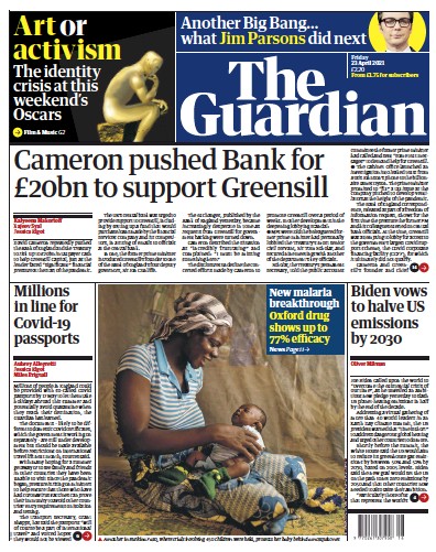 The Guardian (UK) Newspaper Front Page for 23 April 2021