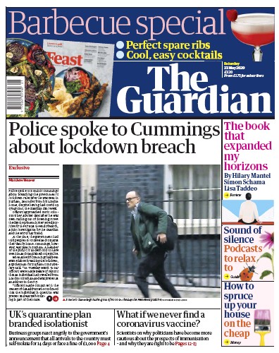 The Guardian (UK) Newspaper Front Page for 23 May 2020