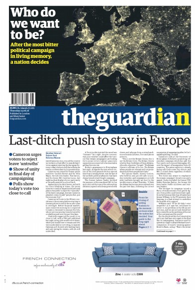 The Guardian (UK) Newspaper Front Page for 23 June 2016