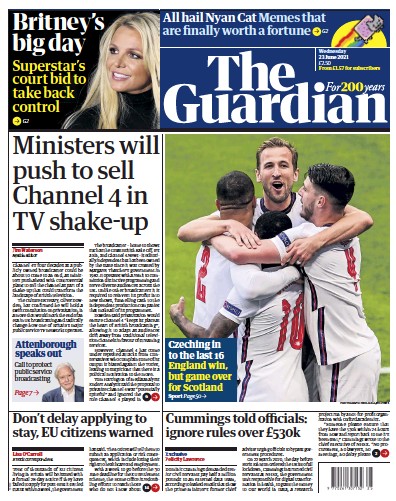 The Guardian (UK) Newspaper Front Page for 23 June 2021