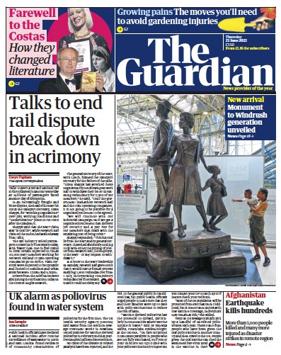 The Guardian (UK) Newspaper Front Page for 23 June 2022
