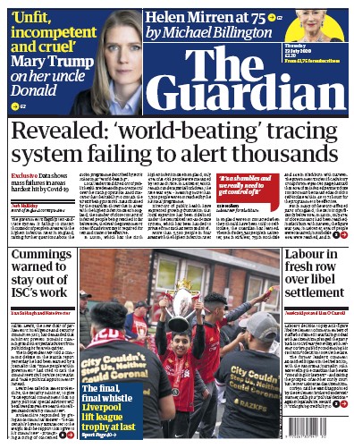 The Guardian Newspaper Front Page for 23 July 2020