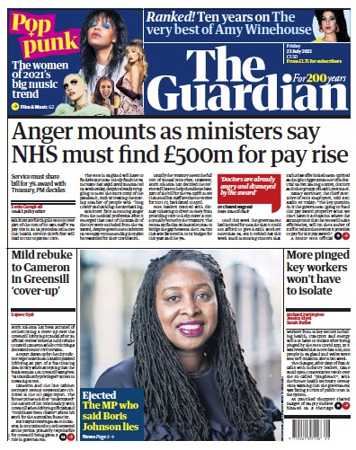 The Guardian (UK) Newspaper Front Page for 23 July 2021
