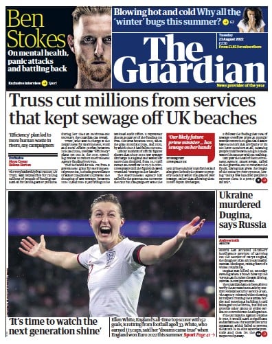 The Guardian (UK) Newspaper Front Page for 23 August 2022