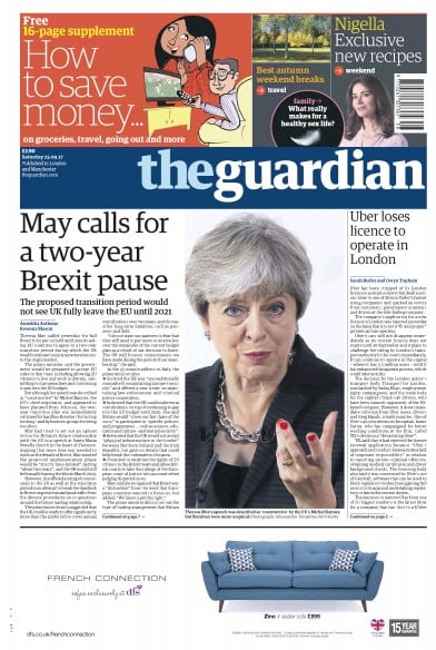 The Guardian Newspaper Front Page for 23 September 2017