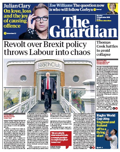 The Guardian Newspaper Front Page for 23 September 2019