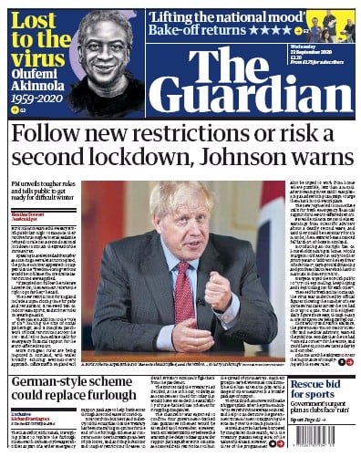 The Guardian Newspaper Front Page for 23 September 2020