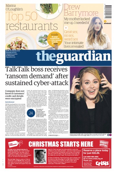 The Guardian Newspaper Front Page for 24 October 2015
