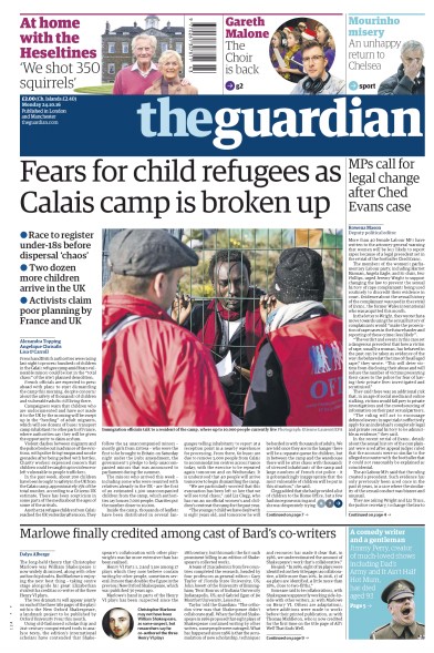 The Guardian Newspaper Front Page for 24 October 2016