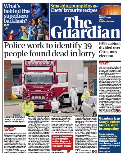 The Guardian Newspaper Front Page for 24 October 2019
