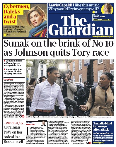 The Guardian Newspaper Front Page for 24 October 2022