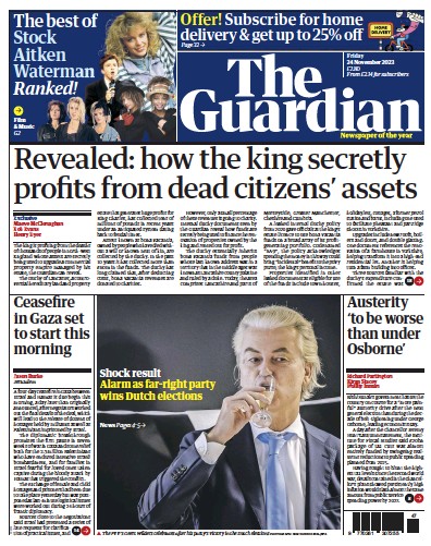 The Guardian (UK) Newspaper Front Page for 24 November 2023