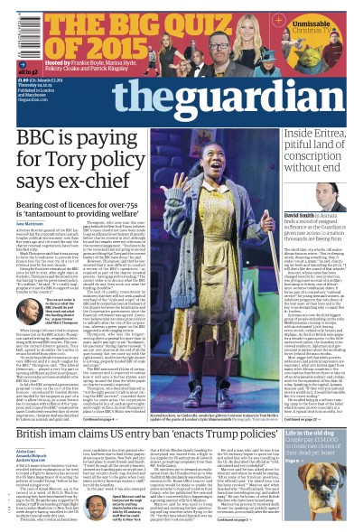 The Guardian (UK) Newspaper Front Page for 24 December 2015