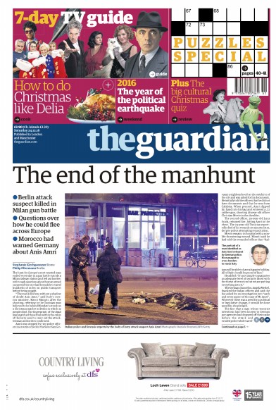 The Guardian Newspaper Front Page for 24 December 2016