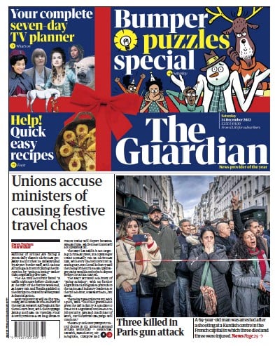 The Guardian Newspaper Front Page for 24 December 2022