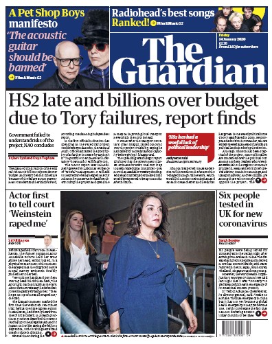 The Guardian Newspaper Front Page for 24 January 2020