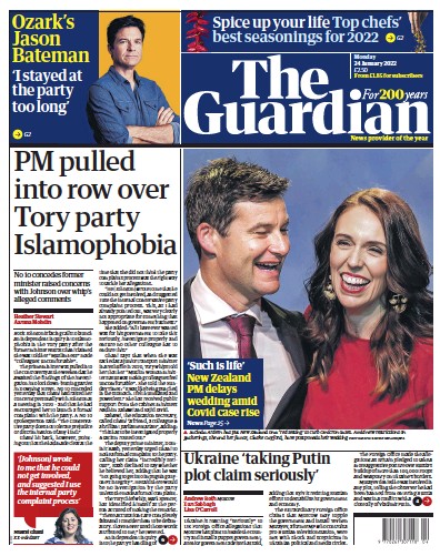 The Guardian (UK) Newspaper Front Page for 24 January 2022