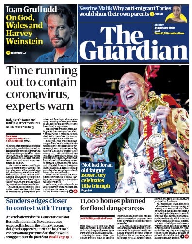 The Guardian Newspaper Front Page for 24 February 2020